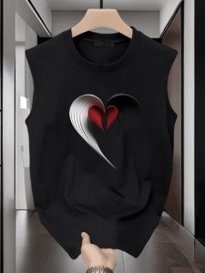 Mens Cotton Sleeveless Vest 2024 Summer New Style Sport Training Fitness Printed T-Shirt Cool Shoulder Top Breathable Moisture-Wicking round Neck Sweat Vest