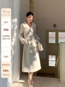 XXNING French Vintage British Lace Trimmed Large Collar Woolen Coat Womens Long Waist-Cinching Outerwear Spring Season