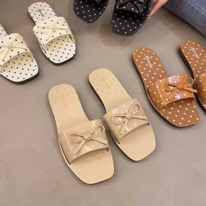 Marche Women Polka Dot Slide Slippers Cute Bow Decor Sweet Style Flat Sandals Casual Summer Outdoor Slipper Kasut Wanita