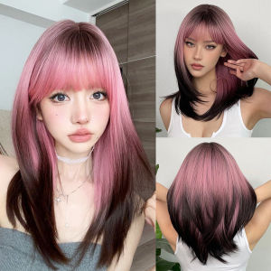 สีดําสีชมพูสีม่วง Ombre วิกผมสังเคราะห์กับ Bangs คอสเพลย์ปาร์ตี้ผมยาวตรงวิกผมสําหรับผู้หญิงความร้อนทน
