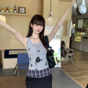 YUKI American Style Star Print U-Neck Vest Women Slim Fit Summer Inner Wear Outer Wear Sleeveless Top Cotton Polyester Blend
