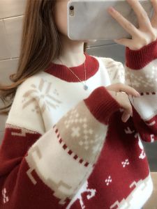 เสื้อนิตสําหรับผู้หญิงที่มีขนสัตว์และหนาในฤดูใบไม้ร่วงฤดูหนาวสไตล์ใหม่คอกลมแขนยาวพอดีเสื้อผ้าสบายๆ