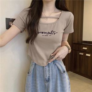 Summer Design Sensation Womens Short Sleeve T-Shirt Pure Cotton Short Style Coffee Color Letter Print Casual Commute Fashion