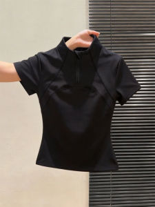 NUMEN BUTTON | Semi Zipper Stand Collar Short Sleeve T-Shirt for Petite Women