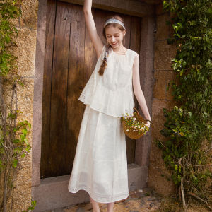 XIANGYING | White Embroidered Ladies Set Tank Top Skirt