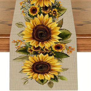 VIKAMA Sunflower Table Runner Phong Cách Đồng Quê Sợi Polyester Lễ Tạ Ơn Trang Trí Mùa Thu Trang Trí Trang Trại Chống Thấm Nước Chống Dầu Dễ Dàng Chăm Sóc