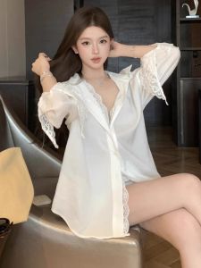 GUZILIAN | French Vintage Lace Long Sleeve Chiffon Shirt Women Spring Autumn Thin Outerwear Loose Sun Protection Top Korean Style Knitted
