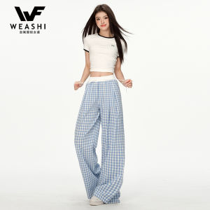 Quần Ống Rộng Kẻ Sọc Xanh Cạp Cao Mùa Hè 2025 Mới Rộng Rãi Quần Dài Ống Đứng Quần Dài Thường Ngày Quần Dài Ống Rộng