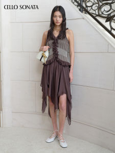 Cello Sonata | Spring Double Color Stripe Ruffled Knitted Dress