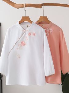 เสื้อเชิ้ตแขนยาวปานกลางสไตล์จีนปักลาย กระดุมสไตล์จีน ทรงหลวม ผ้าโพลีเอสเตอร์ สำหรับผู้หญิงวัยกลางคน