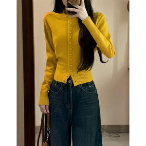 YUEZHONGWEI | New Autumn Winter Thickened Lazy Style Short Yellow Round Neck Snap Cardigan Sweater