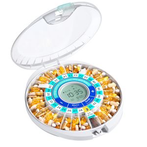 28-Day Electronic Locked Pill Box Automatic Pill Dispenser for Elderly with Alarm Sound & Light Reminders for Medication