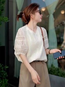 Lace Trim Loose Fit French Style Fashionable Long Sleeve Shirt White