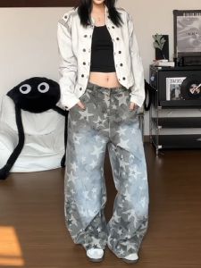 Quần Jeans Nữ Ống Rộng Kiểu Dáng Rộng Phong Cách Retro Mỹ in Sọc Xanh Cổ Điển Quần Dài Đến Sàn Có Túi Cạp Cao