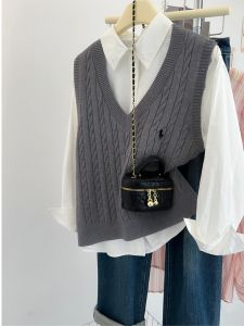 สีเทาเข้ม คอวี เสื้อกั๊กถัก ผู้หญิง Early ฤดูใบไม้ผลิ ฤดูใบไม้ร่วง ฤดูหนาว แขนกุด แจ๊กเก็ต เสื้อสเวตเตอร์ เสื้อกล้าม เสื้อกั๊ก Layering เสื้อ เสื้อกั๊ก เสื้อกั๊ก