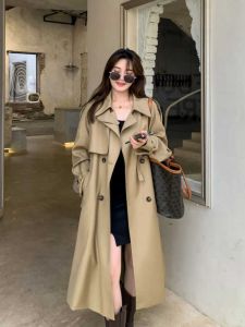 เรียบหรู สีกากี สี ผู้หญิง ยาว เสื้อโค้ท ฤดูใบไม้ผลิ ฤดูใบไม้ร่วง สไตล์เกาหลี เสื้อกันลมแฟชั่นอังกฤษ เสื้อแจ็คเก็ต ความยาวปานกลาง กระดุมสองแถว