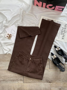 High Waist Fleece Lined Flared Jeans Womens Coffee Color 2025 Autumn Winter New Style Cotton Stretch Denim Casual Trousers