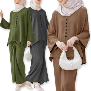 Baju Kurung Perempuan Stylish Front Button Dress Muslimah Soft Ironless Fabric Long Sleeve Suit