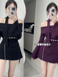 Purple One-Shoulder Chain Long Sleeve Dress Womens Autumn High Waist Slim Fit Asymmetrical Shoulder Exposure Short Skirt