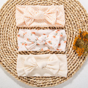 3Pcs/Lot Cream Color Mini Flower Print Bows Headbands Baby Girls Topknotted Headwraps Kid Korean Soft Ribbed Elastic Hairbands