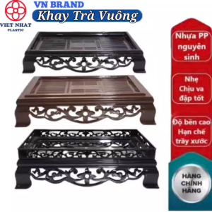 Khay Trà Vuông Hoa Nhựa VIỆT NHẬT - Màu Nâu Trầm Giả Gỗ 2 Lớp Tách Chứa Nước - 5684/5/6
