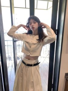 White Long Sleeve Short Design Outerwear High Waist Pleated Skirt Two Piece Set Spring Autumn Fashion Ensemble for Young Women