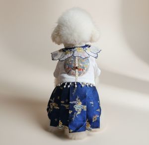 ​[PREMIUM] Đầm Cổ Trang Cao Cấp Đính Ngọc Trai & Thêu Hoa Nổi xanh dương  Cho Thú Cưng- Áo dài Tết chó mèo - Đồ Tết chó mèo - thời trang thú cưng - quần áo chó mèo size 3kg - 7kg