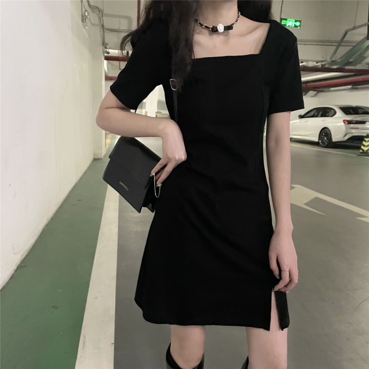 Dress Short Temperament Split Sexy Style Slim Looking Square Collar ...