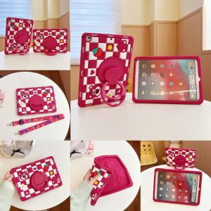 For Apple iPad Pro Air 11 M2 M3 M4 11th 10th 9th 8th 7th 6th 5th Air Pro 3rd 4th 10.9" 10.2" 9.7" 10.5" 11.0" Mini 7.9" 8.3" Kids Tablet Cute Cartoon Strawberry Bear Silicone Rotating Bracket Case Cover ﻿