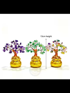 Feng Shui Crystal Money Tree with Golden Fortune Bag Base Natural Amethyst / Green Aventurine / 7 Chakra Mixed Crystal Tree Lucky Wealth Table Ornament for Home Office Shop Decor Housewarming & Business Opening Gift