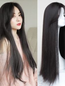 ผมปลอมยาวตรงสีดำธรรมชาติสำหรับผู้หญิง ทรงผมแบ่งกลางหน้า ปัดหน้า ทรงผมหนาปานกลาง ทรงผมทรงกลม คลุมทั้งศีรษะ