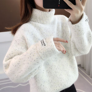 Fall Winter High Collar Knitted Fleece Womens Sweater Loose Fit Thermal Thickened Crew Neck Pullover Soft Cotton Base Shirt