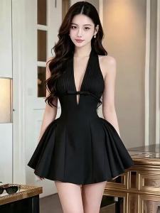 Unique Design Puff V-Neck Halter Dress