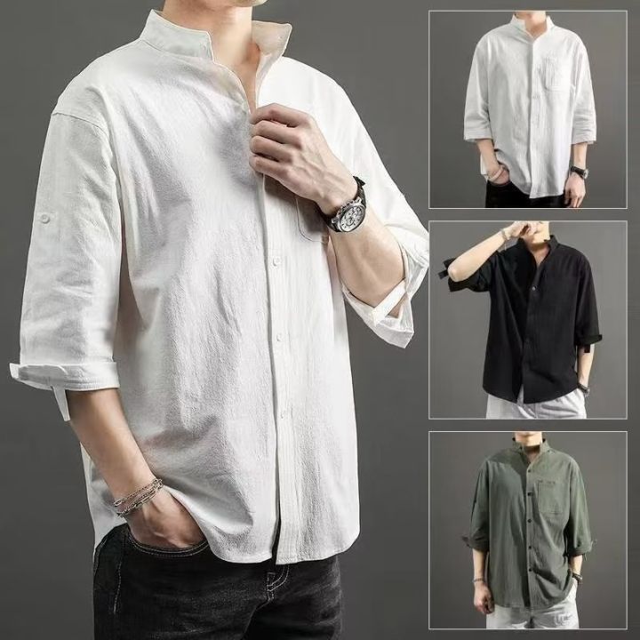 New Chinese Style Cotton Linen Shirt Men's Short-Sleeved Shirt Loose ...
