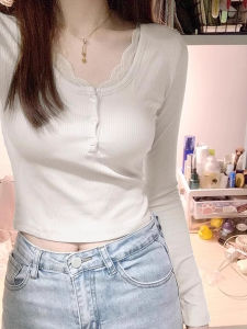 LUOFEN | White Lace Base Shirt Womens Autumn Winter Inner Wear Slim Fit Velvet High End Pure Desire Top Korean Style Commute Fashion