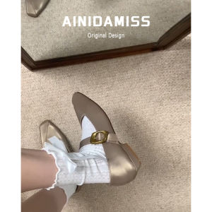 Sheepskin Version French Vintage Thick Heel Single Shoes Women Silk Low Heel Mary Janes Flat Shoes Spring Autumn Korean Style