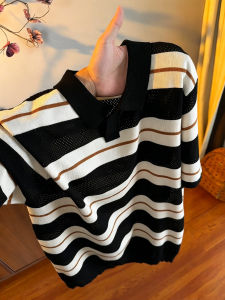 LIUBU | American Color Block Striped Knitted Short Sleeve T-Shirt