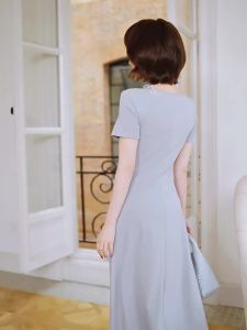 Blue Off-shoulder Rhinestone Floral Decorated Evening Long Dress