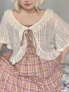 Elegant V-Neck Short Sleeve Lace Open Cardigan Soft Candy Large Size Summer New Style Outerwear Top Trendy Commute Loose Fit