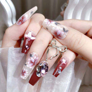 【With Glue】Female Mid-length Fake Nail  Red Vintage Flower Decor Artificial Nail for Women and Girl Party Activity