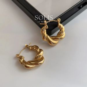 18K Gold Non-Tarnish Waterproof Braided Twisted Chunky Hoop Earrings • 1 Pair 316L Stainless Titanium Steel Huggies Statement Earring For Women ER312