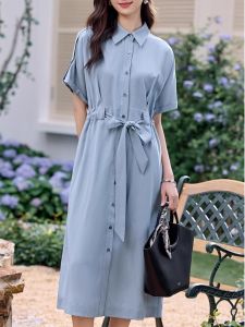 WANGGONGZHU | Slimming Tencel Shirt Dress Women Summer Thin New Belted French Style Midi Dress Elegance Adjustable Waist Short Sleeve Pure Color