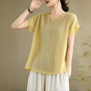 เสื้อยืดแขนสั้นผ้าลินินคอตตอนสีพื้นสไตล์วินเทจสำหรับฤดูร้อน ทรงหลวมสบาย ๆ สำหรับผู้หญิง ฤดูใบไม้ร่วง 2025 ชุดทำงานลำลอง