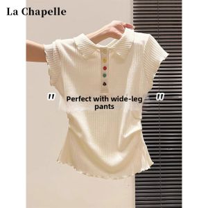 La Chapelle | Polo Collar Knitted T-shirt Slim Fit Wrinkle Short Sleeve Colorful Buttons Top