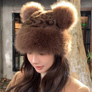 Vintage Leopard Print Pom-pom Ears Bucket Hats for Women Girls Thickened Fluffy Fur Warm Ear Protector Basin Cap Cute Mongolian Cap Windproof Ear Protection Bonnets