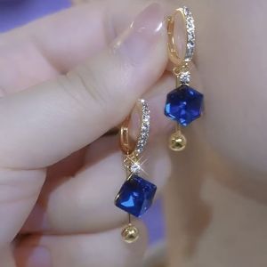 Graceful and Fashionable Blue Full Diamond Square Crystal Ear Clips Niche Design Ball Earrings Socialite Style Generous Earrings