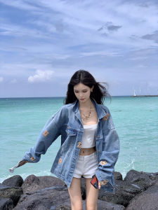 Fashionable Bear Denim Jacket Womens Loose Casual Style Retro Weekly Holiday Sweet Shrimp Pie Top Cotton Polyester Blend