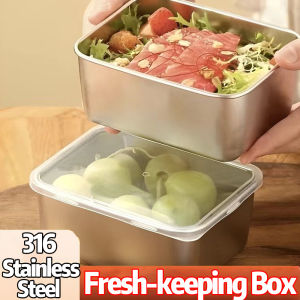 2Pcs Stainless Steel Box Fresh Keeping Box with Sealed Lid Leakproof Reusable Kitchen Food Fruit Storage Containers Trays