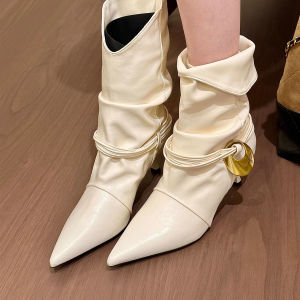 Womens Fashion Short Martin Boots Pointed Toe Foldable Collar Two-Way Wear Thin Heel Autumn Winter White Booties PU Leather