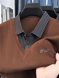 Áo Thun Dệt Kim Dài Tay Cho Nam Mùa Thu Kẻ Sọc Cổ Bẻ Nối Dài Thường Ngày Không Tay Áo Pha Trộn Quần Áo Công Sở